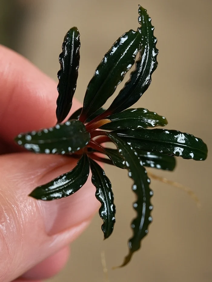 Bucephalandra dark catherine Bucephalandra Dark Catherine Rhizome held in hand