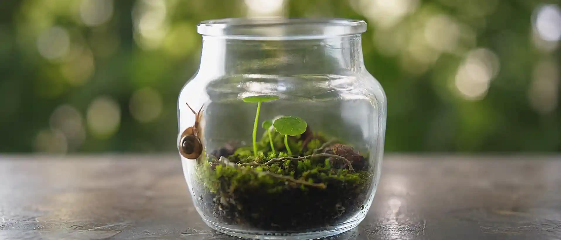 Mini terrarium in a glass jar with moss, plants, and a snail