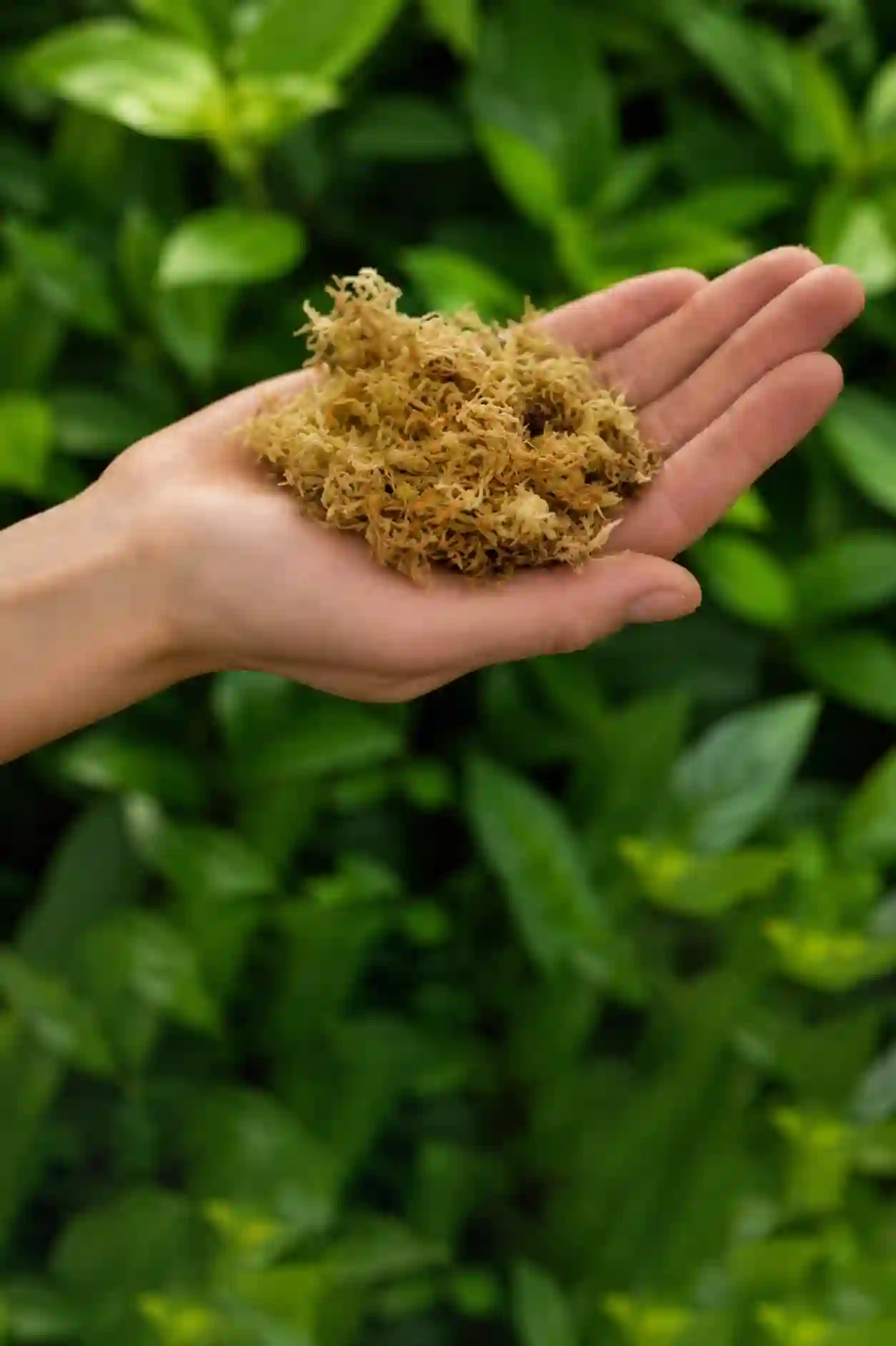 Hand holding dried sphagnum moss