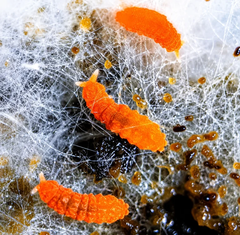 orange springtails eating mold